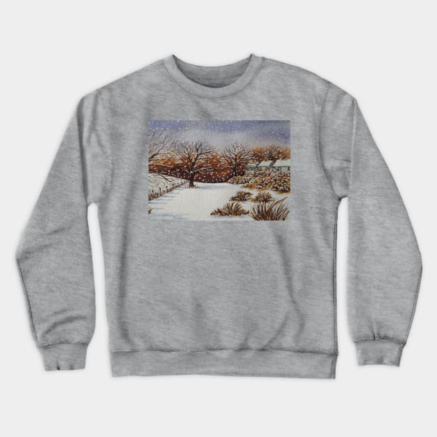 painting of snow snow covered trees and cottages winter snow scene Crewneck Sweatshirt by pollywolly